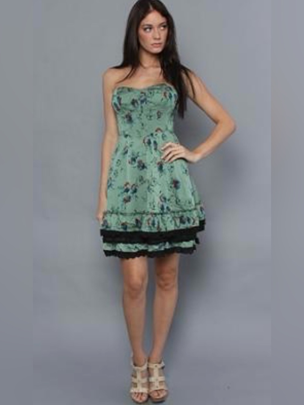 Free People Mint Green Strapless Floral Ruffle Dress